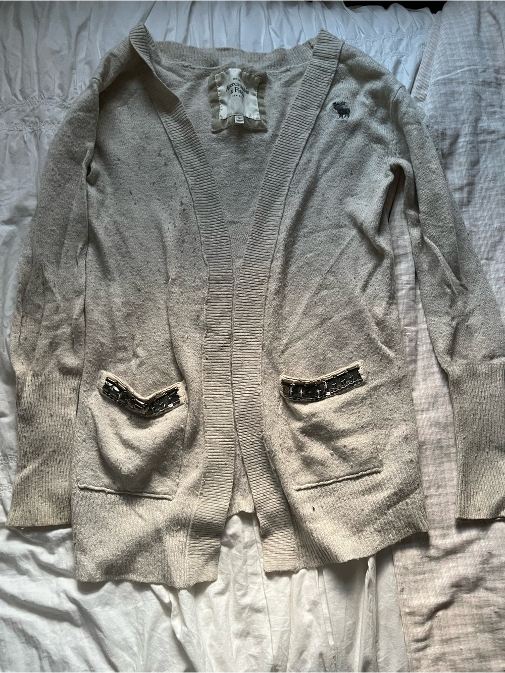 Abercrombie & Fitch Cream Open-Front Cardigan with Embellished Pockets